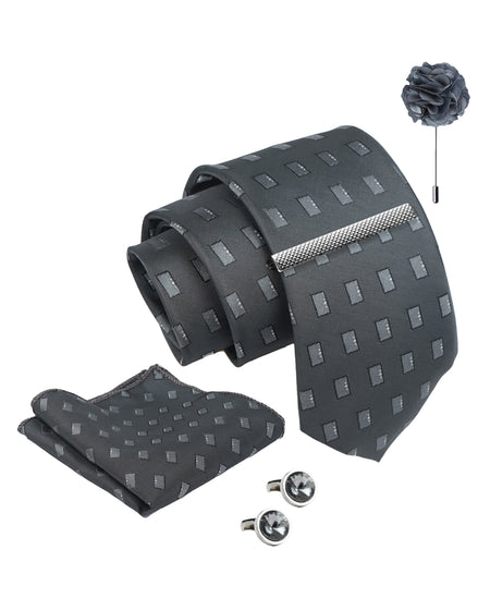 Axlon Tie Set for Men - Metallic Silver, dotted | Necktie Gift Box with Cufflinks, Pocket Square & Lapel Pin