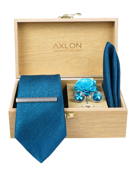 Axlon Tie Set for Men - Teal Ocean Blue, Paisley | Necktie Gift Box with Cufflinks, Pocket Square & Lapel Pin
