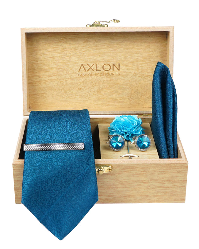 Axlon Tie Set for Men - Teal Ocean Blue, Paisley | Necktie Gift Box with Cufflinks, Pocket Square & Lapel Pin