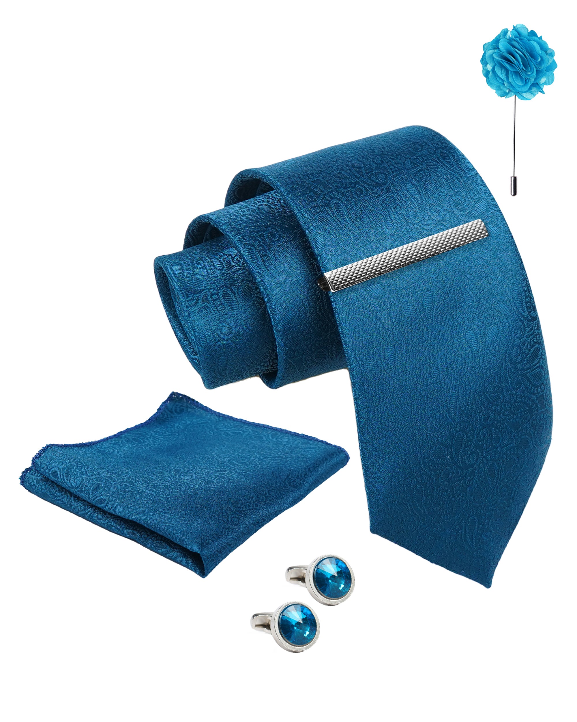 Axlon Tie Set for Men - Teal Ocean Blue, Paisley | Necktie Gift Box with Cufflinks, Pocket Square & Lapel Pin