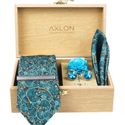 Axlon Tie Set for Men - Teal Ocean Blue, paisley | Necktie Gift Box with Cufflinks, Pocket Square & Lapel Pin