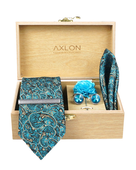 Axlon Tie Set for Men - Teal Ocean Blue, paisley | Necktie Gift Box with Cufflinks, Pocket Square & Lapel Pin
