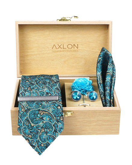 Axlon Tie Set for Men - Teal Ocean Blue, paisley | Necktie Gift Box with Cufflinks, Pocket Square & Lapel Pin