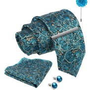 Axlon Tie Set for Men - Teal Ocean Blue, paisley | Necktie Gift Box with Cufflinks, Pocket Square & Lapel Pin