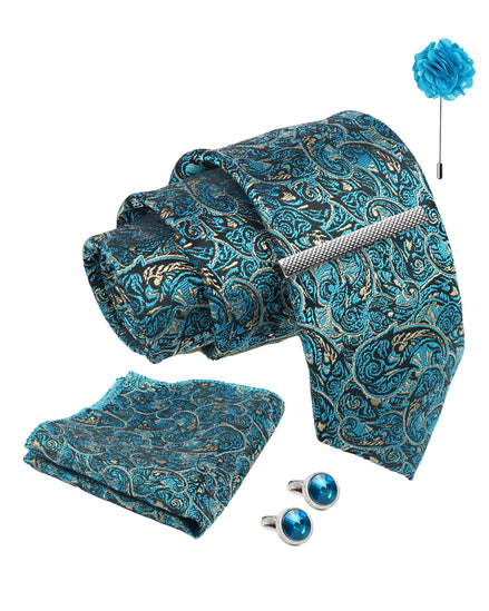 Axlon Tie Set for Men - Teal Ocean Blue, paisley | Necktie Gift Box with Cufflinks, Pocket Square & Lapel Pin