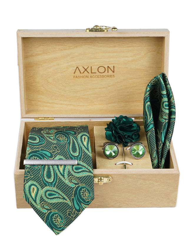 Axlon Tie Set for Men - Forest Green,  paisley | Necktie Gift Box with Cufflinks, Pocket Square & Lapel Pin