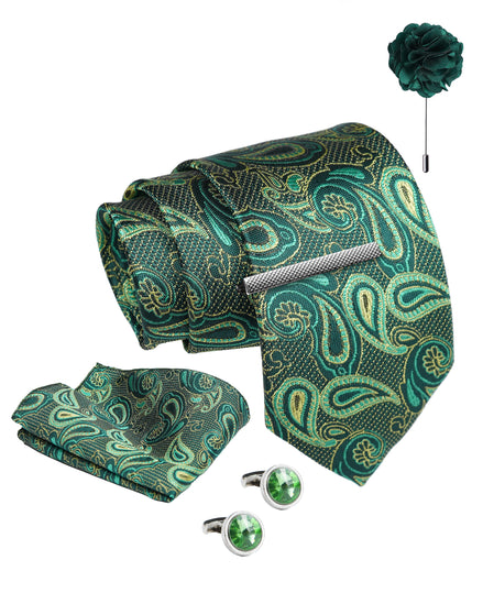 Axlon Tie Set for Men - Forest Green,  paisley | Necktie Gift Box with Cufflinks, Pocket Square & Lapel Pin
