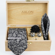 Axlon Tie Set for Men - Classic Grey, paisley | Necktie Gift Box with Cufflinks, Pocket Square & Lapel Pin