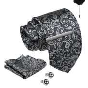 Axlon Tie Set for Men - Classic Grey, paisley | Necktie Gift Box with Cufflinks, Pocket Square & Lapel Pin