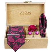 Axlon Tie Set for Men - Rich Burgundy, Paisley | Necktie Gift Box with Cufflinks, Pocket Square & Lapel Pin