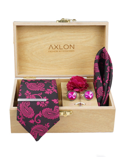 Axlon Tie Set for Men - Rich Burgundy, Paisley | Necktie Gift Box with Cufflinks, Pocket Square & Lapel Pin