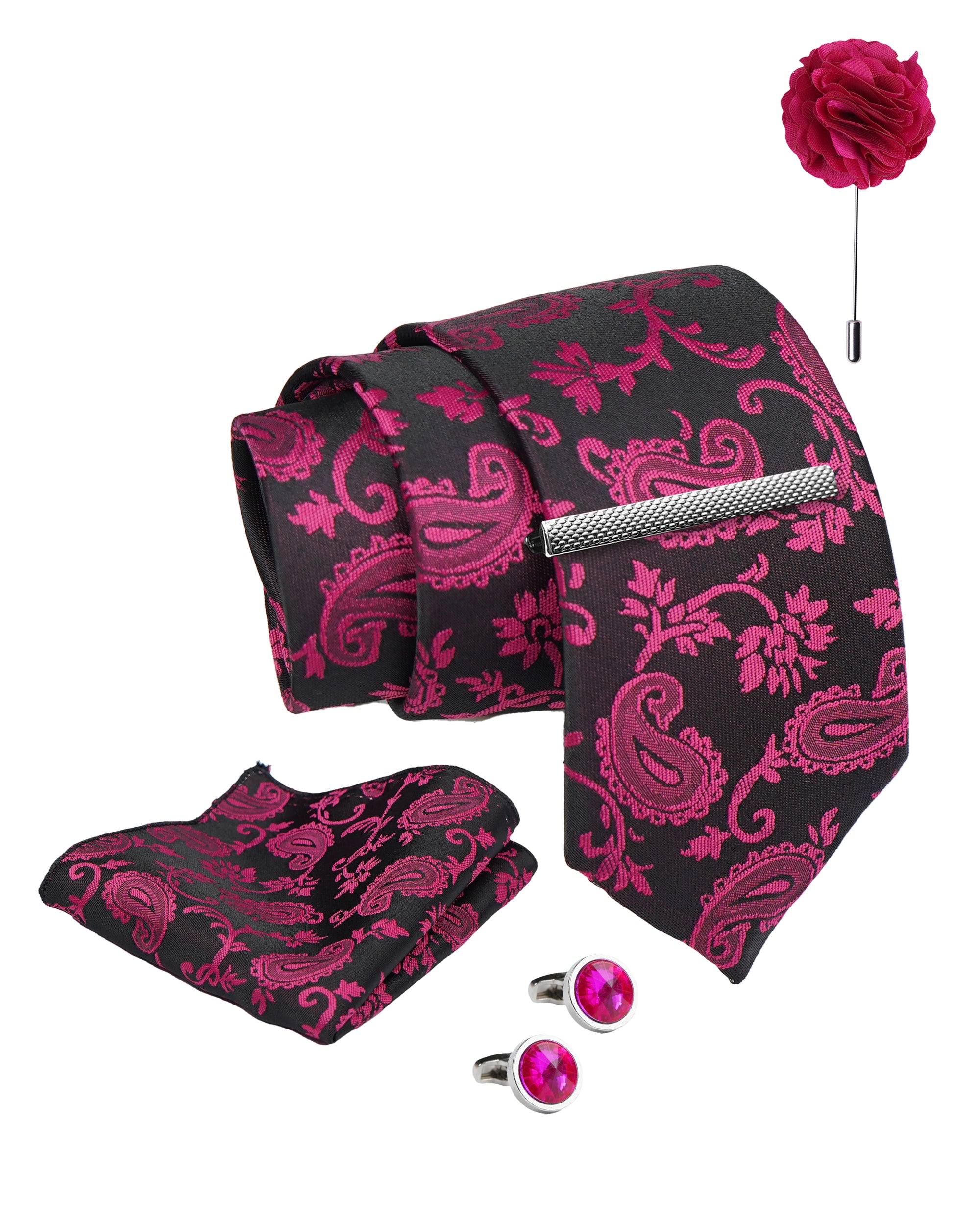 Axlon Tie Set for Men - Rich Burgundy, Paisley | Necktie Gift Box with Cufflinks, Pocket Square & Lapel Pin