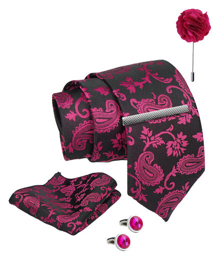 Axlon Tie Set for Men - Rich Burgundy, Paisley | Necktie Gift Box with Cufflinks, Pocket Square & Lapel Pin