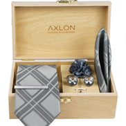 Axlon Men's Necktie Gift Set - Classic Grey, Checkered | Tie, Pocket Square, Cufflinks & More in Wooden Box
