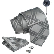 Axlon Men's Necktie Gift Set - Classic Grey, Checkered | Tie, Pocket Square, Cufflinks & More in Wooden Box