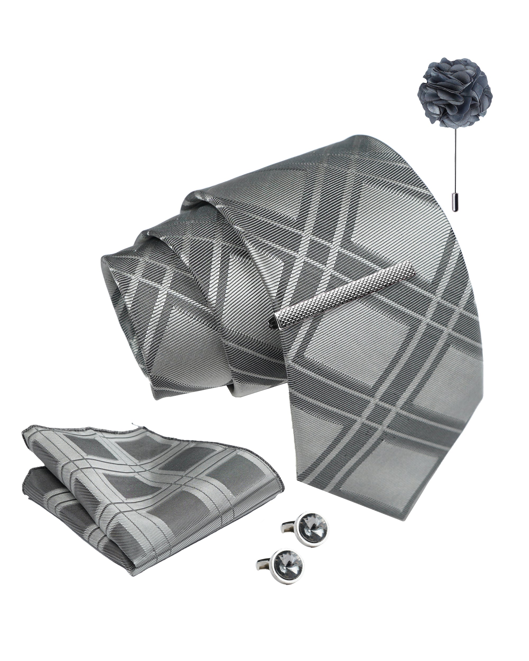 Axlon Men's Necktie Gift Set - Classic Grey, Checkered | Tie, Pocket Square, Cufflinks & More in Wooden Box