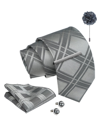 Axlon Men's Necktie Gift Set - Classic Grey, Checkered | Tie, Pocket Square, Cufflinks & More in Wooden Box