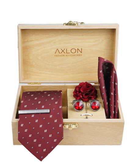 Axlon Tie Set for Men - Luxe Maroon, Dotted | Necktie Gift Box with Cufflinks, Pocket Square & Lapel Pin