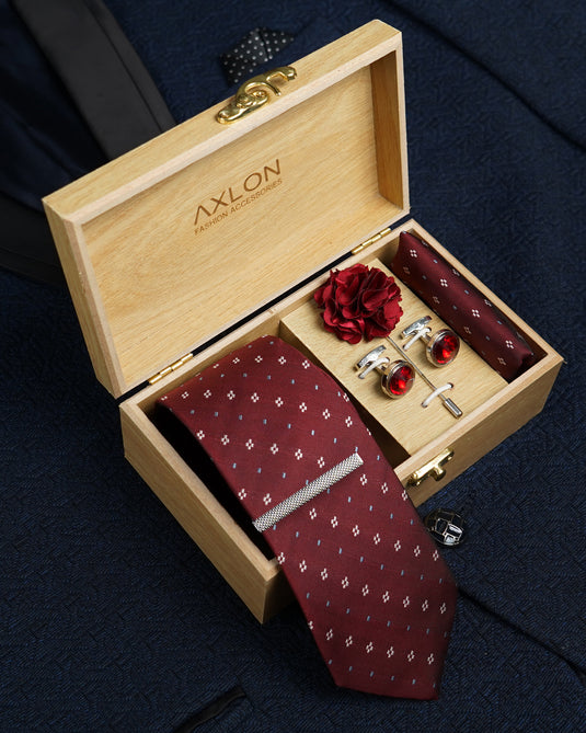 Axlon Tie Set for Men - Luxe Maroon, Dotted | Necktie Gift Box with Cufflinks, Pocket Square & Lapel Pin