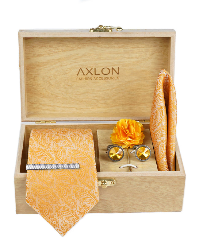 Axlon Men's Necktie Gift Set - Vibrant Orange, Paisley | Tie, Pocket Square, Cufflinks & More in Wooden Box