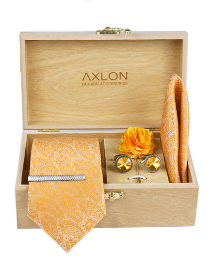 Axlon Men's Necktie Gift Set - Vibrant Orange, Paisley | Tie, Pocket Square, Cufflinks & More in Wooden Box