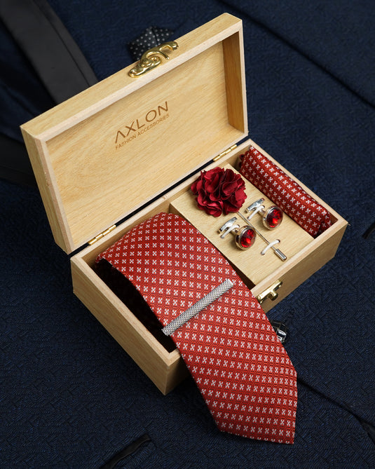 Axlon Tie Set for Men - Luxe Maroon, geometric | Necktie Gift Box with Cufflinks, Pocket Square & Lapel Pin