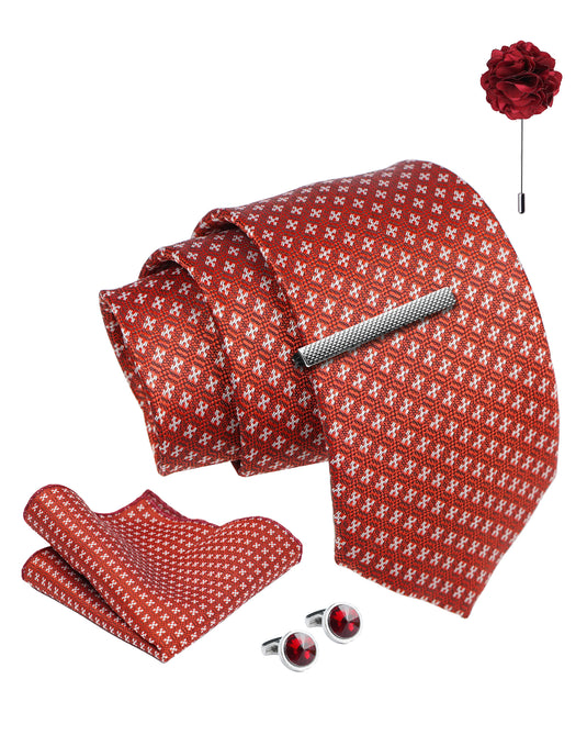 Axlon Tie Set for Men - Luxe Maroon, geometric | Necktie Gift Box with Cufflinks, Pocket Square & Lapel Pin