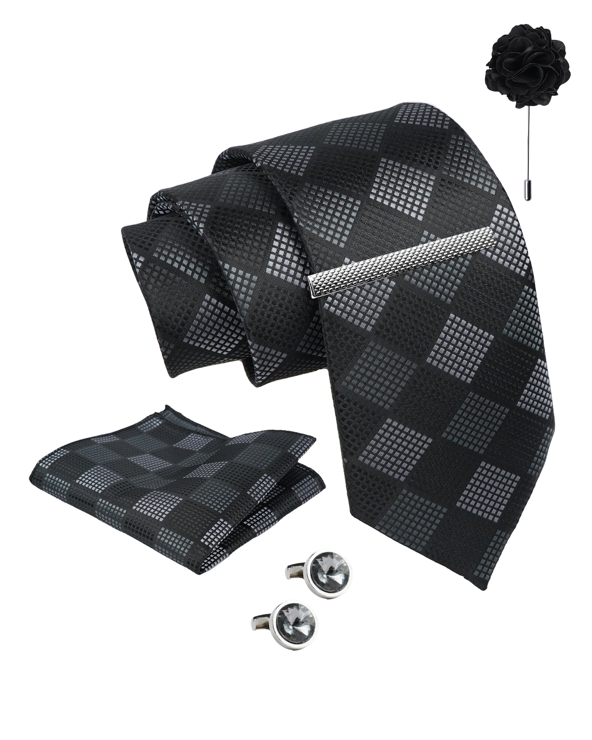 Axlon Tie Set for Men - Classic Black, checkered | Necktie Gift Box with Cufflinks, Pocket Square & Lapel Pin