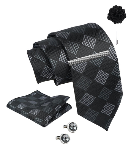 Axlon Tie Set for Men - Classic Black, checkered | Necktie Gift Box with Cufflinks, Pocket Square & Lapel Pin