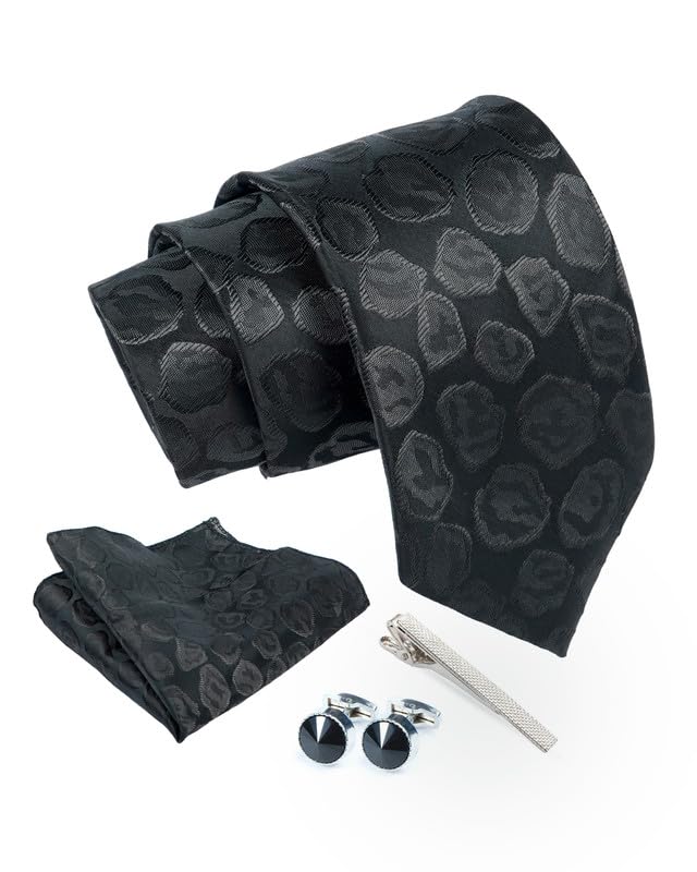 Axlon Tie for Men – Dotted Silk Neck Ties Set with Cufflinks Flower Pin, Pocket Square & Black Gift Box, Combo Necktie Sets for Office Wear, Formal Suits & Weddings (0, TPSTONEpn)