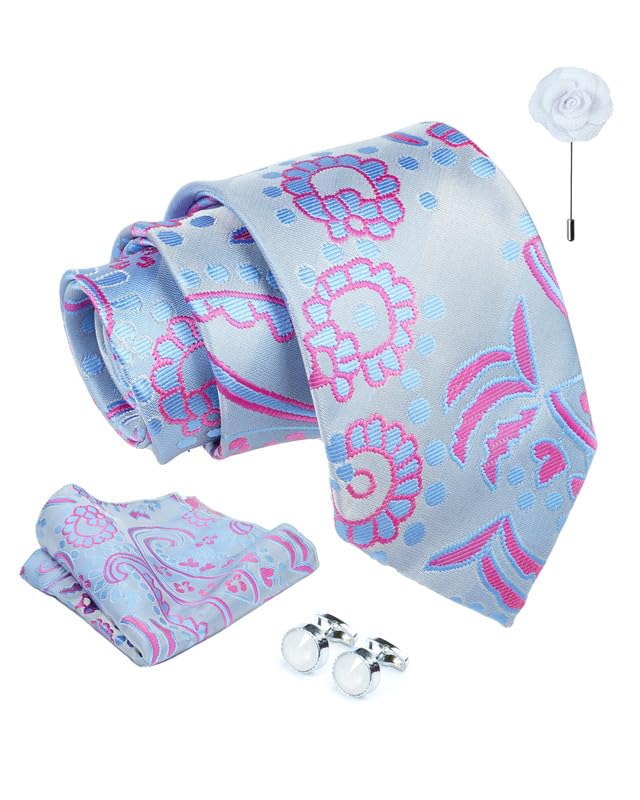 Axlon Tie for Men – Micro Silk Neck Ties Set with Cufflinks Flower Pin, Pocket Square & Black Gift Box, Combo Necktie Sets for Office Wear, Formal Suits & Weddings (0, Mflowerpn)