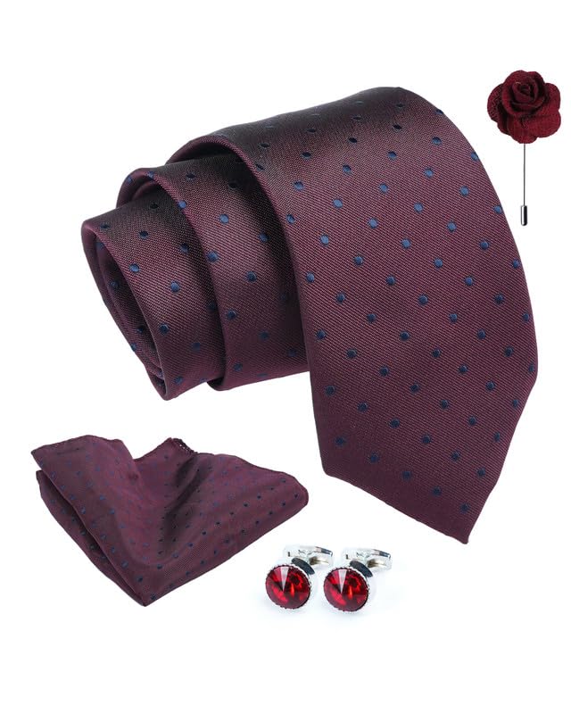 Axlon Tie for Men – Micro Silk Neck Ties Set with Cufflinks Flower Pin, Pocket Square & Black Gift Box, Combo Necktie Sets for Office Wear, Formal Suits & Weddings (0, bpolkapn)
