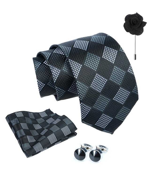 Axlon Tie for Men – Micro Silk Neck Ties Set with Cufflinks Flower Pin, Pocket Square & Black Gift Box, Combo Necktie Sets for Office Wear, Formal Suits & Weddings (0, Checkpn)