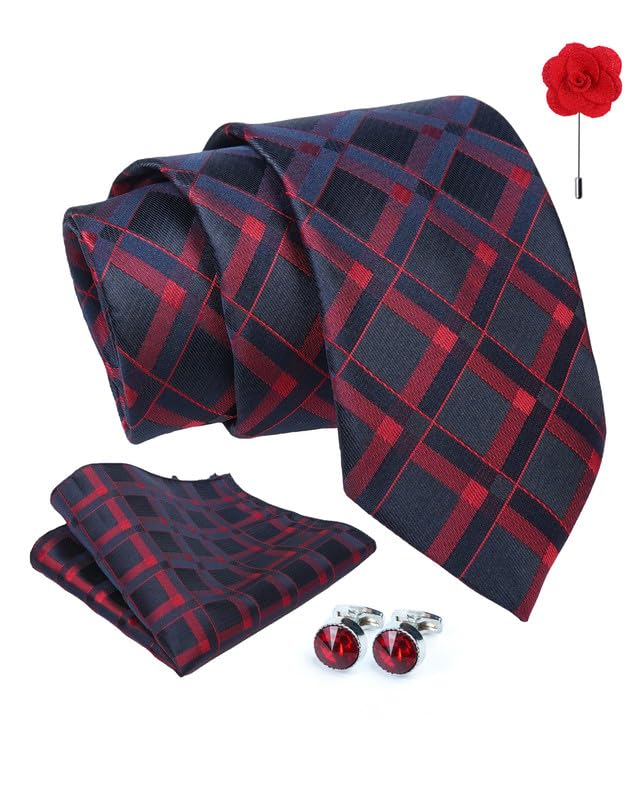 Axlon Tie for Men – Micro Silk Neck Ties Set with Cufflinks Flower Pin, Pocket Square & Black Gift Box, Combo Necktie Sets for Office Wear, Formal Suits & Weddings (0, Checkpn)