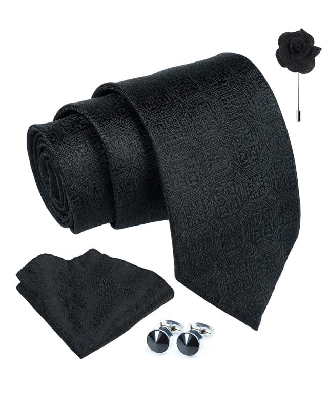 Axlon Tie for Men – Geometric Silk Neck Ties Set with Cufflinks Flower Pin, Pocket Square & Black Gift Box, Combo Necktie Sets for Office Wear, Formal Suits & Weddings (0, G2pn)
