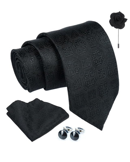 Axlon Tie for Men – Geometric Silk Neck Ties Set with Cufflinks Flower Pin, Pocket Square & Black Gift Box, Combo Necktie Sets for Office Wear, Formal Suits & Weddings (0, G2pn)