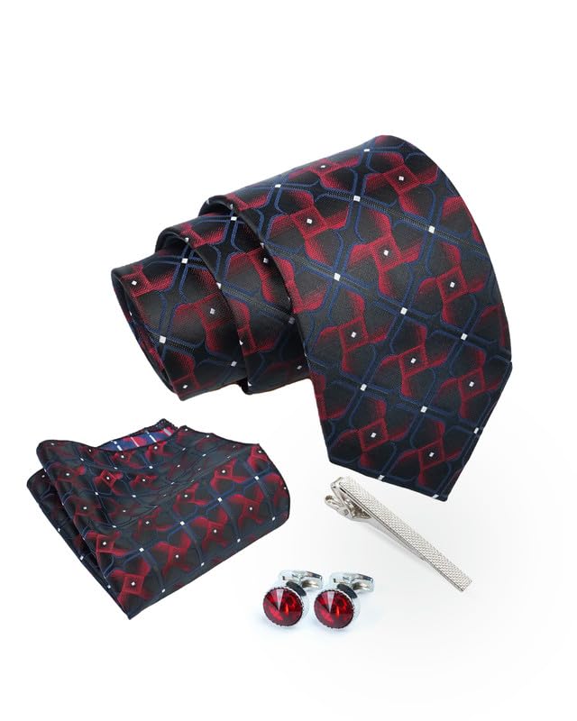 Axlon Tie for Men – Geometric Silk Neck Ties Set with Cufflinks Flower Pin, Pocket Square & Black Gift Box, Combo Necktie Sets for Office Wear, Formal Suits & Weddings (0, TP3dpn)