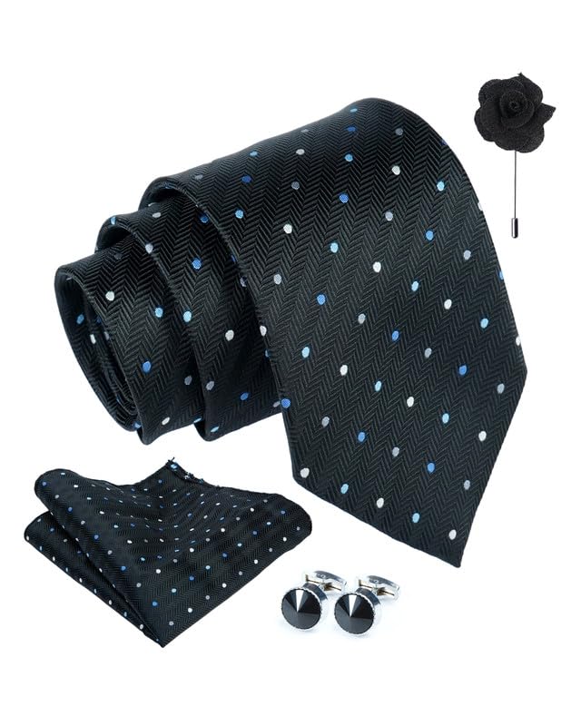 Axlon Tie for Men – Micro Silk Neck Ties Set with Cufflinks Flower Pin, Pocket Square & Black Gift Box, Combo Necktie Sets for Office Wear, Formal Suits & Weddings (0, bpolkapn)