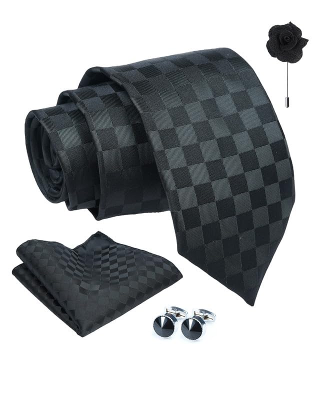 Axlon Tie for Men – Micro Silk Neck Ties Set with Cufflinks Flower Pin, Pocket Square & Black Gift Box, Combo Necktie Sets for Office Wear, Formal Suits & Weddings (0, Checkpn)
