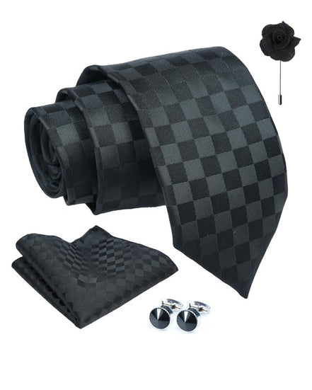 Axlon Tie for Men – Micro Silk Neck Ties Set with Cufflinks Flower Pin, Pocket Square & Black Gift Box, Combo Necktie Sets for Office Wear, Formal Suits & Weddings (0, Checkpn)
