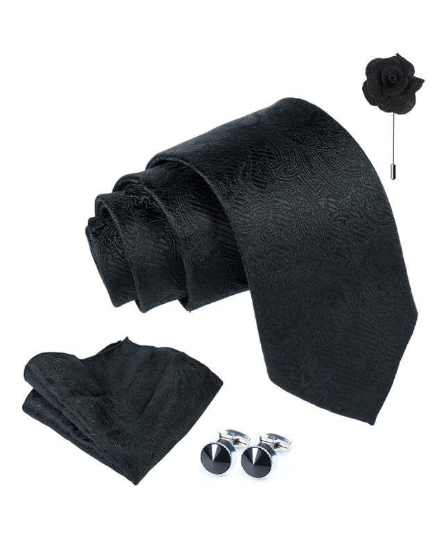 Axlon Tie for Men – Paisley Silk Neck Ties Set with Cufflinks Flower Pin, Pocket Square & Black Gift Box, Combo Necktie Sets for Office Wear, Formal Suits & Weddings (0, PSpn)