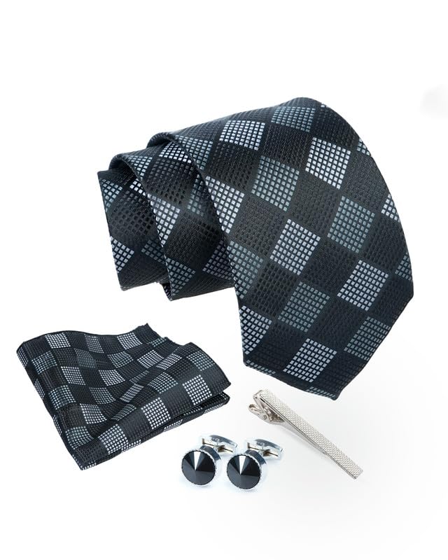 Axlon Tie for Men – Paisley Silk Neck Ties Set with Cufflinks Flower Pin, Pocket Square & Black Gift Box, Combo Necktie Sets for Office Wear, Formal Suits & Weddings (0, TPCheckpn)