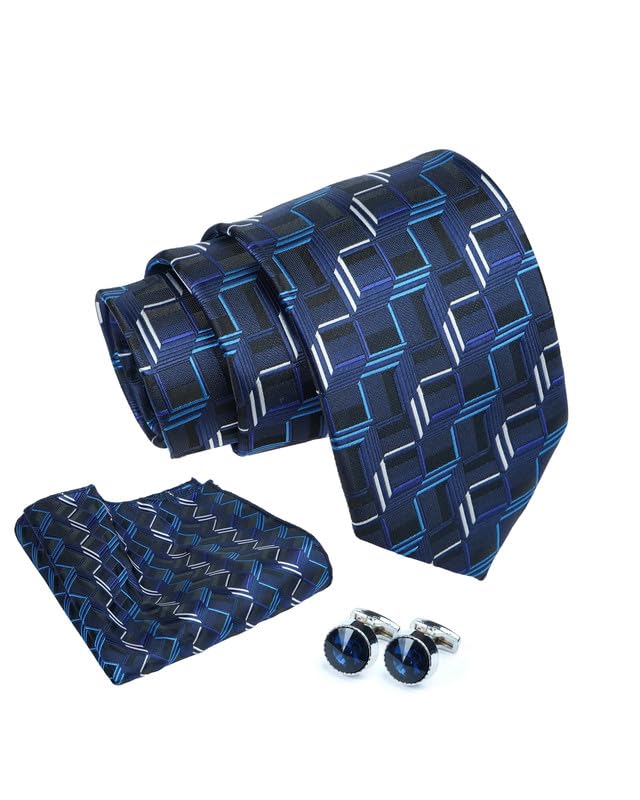 Axlon Tie for Men – Geometric Silk Neck Ties Set with Cufflinks Flower Pin, Pocket Square & Black Gift Box, Combo Necktie Sets for Office Wear, Formal Suits & Weddings (0, TPG1pn)