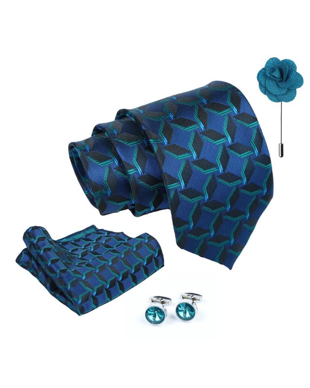 Axlon Tie for Men – Geometric Silk Neck Ties Set with Cufflinks Flower Pin, Pocket Square & Black Gift Box, Combo Necktie Sets for Office Wear, Formal Suits & Weddings (0, G1pn)