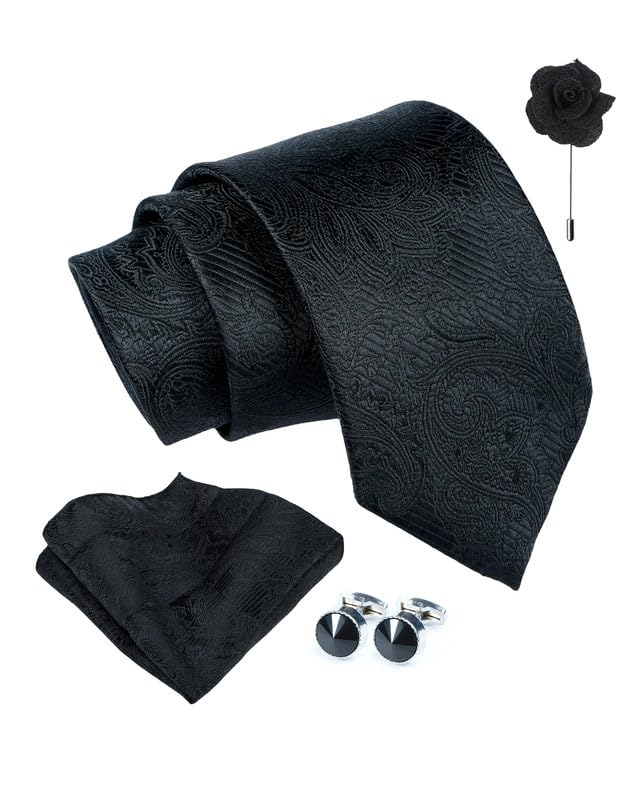 Axlon Tie for Men – Paisley Silk Neck Ties Set with Cufflinks Flower Pin, Pocket Square & Black Gift Box, Combo Necktie Sets for Office Wear, Formal Suits & Weddings (0, PSMpn)
