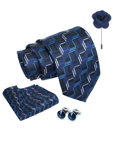 Axlon Tie for Men – Geometric Silk Neck Ties Set with Cufflinks Flower Pin, Pocket Square & Black Gift Box, Combo Necktie Sets for Office Wear, Formal Suits & Weddings (0, G1pn)