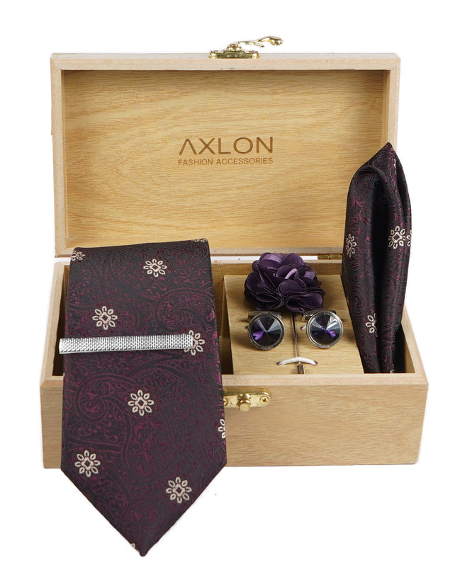 Axlon Tie Set for Men - Deep Wine, Paisley | Necktie Gift Box with Cufflinks, Pocket Square & Lapel Pin