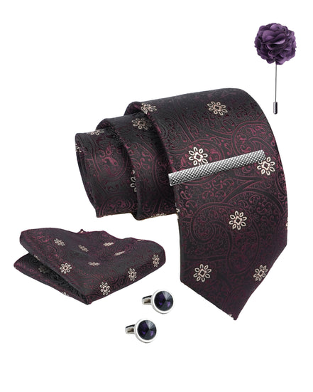 Axlon Tie Set for Men - Deep Wine, Paisley | Necktie Gift Box with Cufflinks, Pocket Square & Lapel Pin
