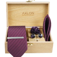 Axlon Tie Set for Men - Deep Wine, dotted | Necktie Gift Box with Cufflinks, Pocket Square & Lapel Pin