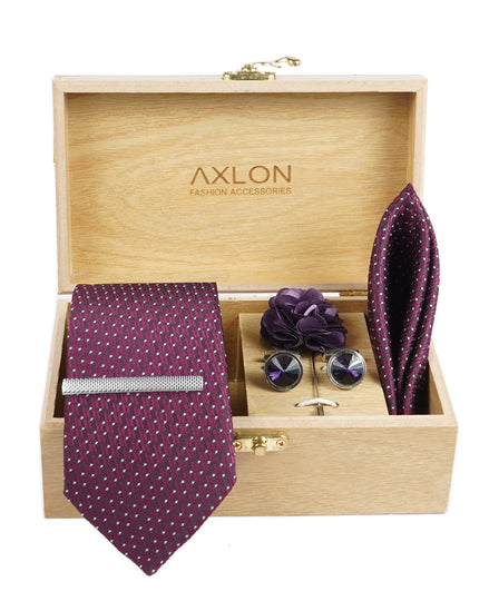Axlon Tie Set for Men - Deep Wine, dotted | Necktie Gift Box with Cufflinks, Pocket Square & Lapel Pin